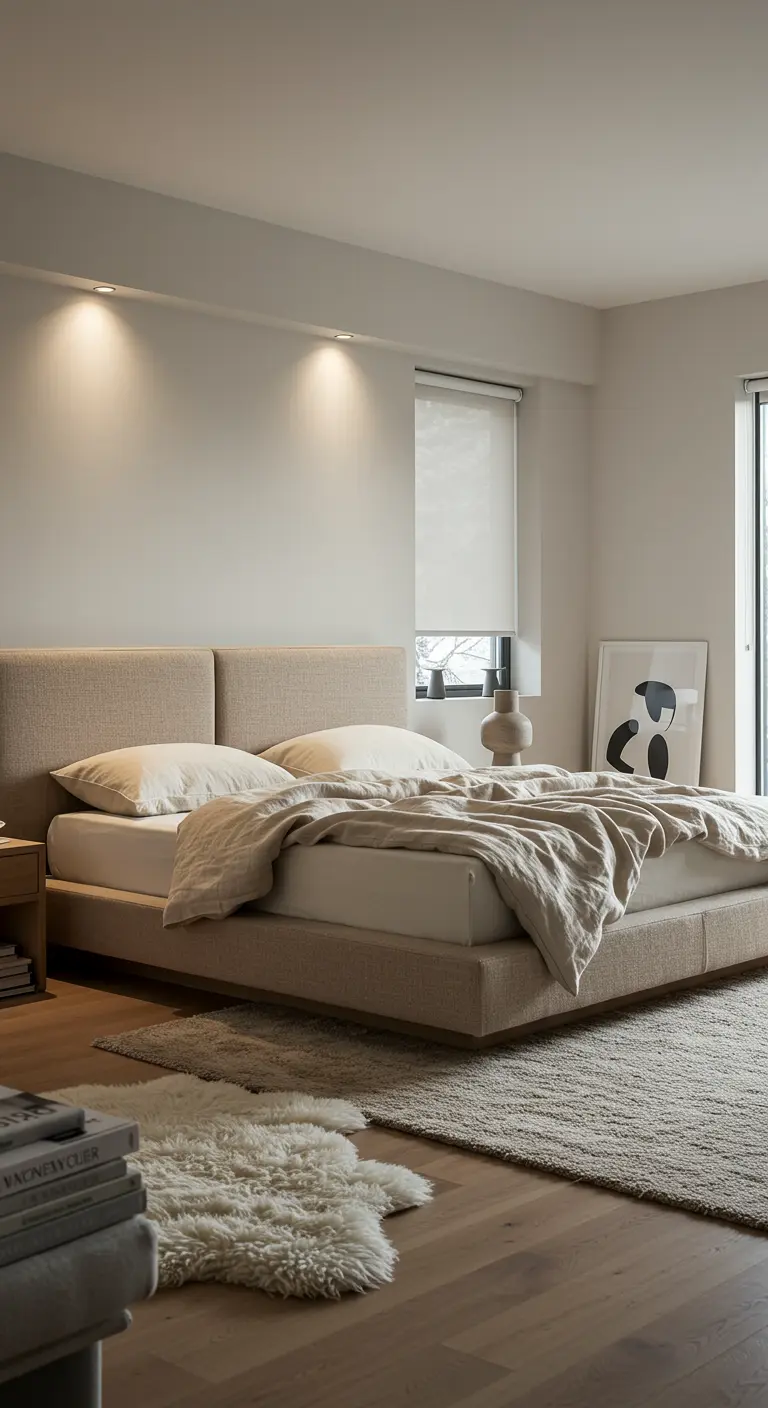 Chambre aux tons neutres avec un grand lit beige, des tapis moelleux et une atmosphère apaisante.