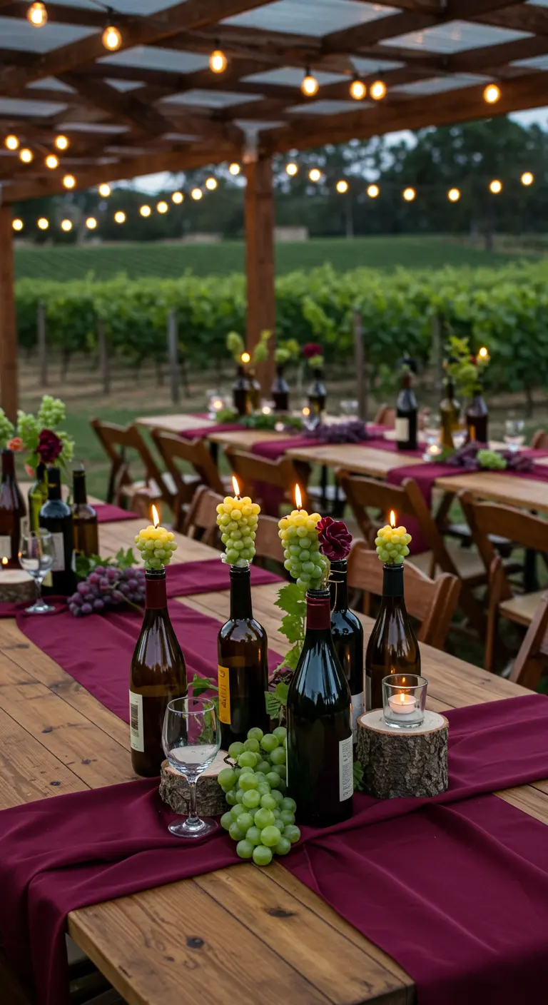Table de vignoble avec chemin de table bordeaux, bouteilles de vin et bougies en forme de grappes.