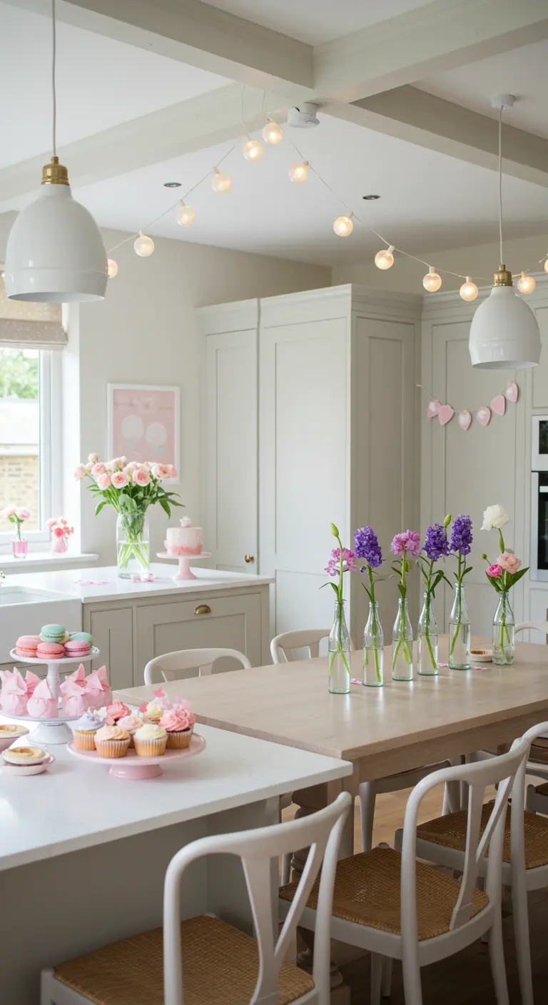 Cuisine décorée de guirlandes, gâteaux pastel et fleurs fraîches pour une fête.