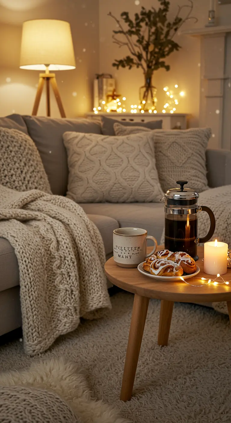 Coin café Hygge avec table en bois, plaid tricoté, bougie et guirlande lumineuse.
