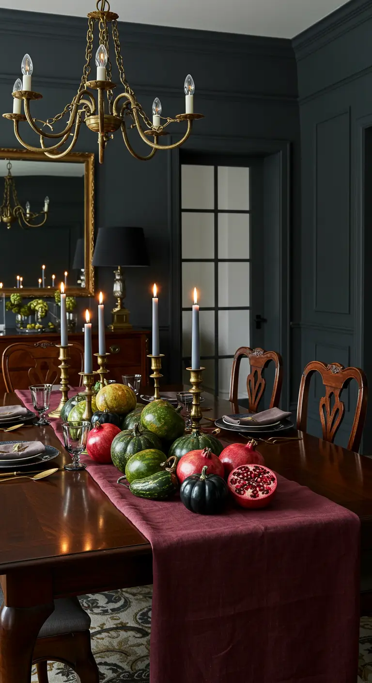 Table d'automne sombre avec chemin de table bordeaux et courges variées.