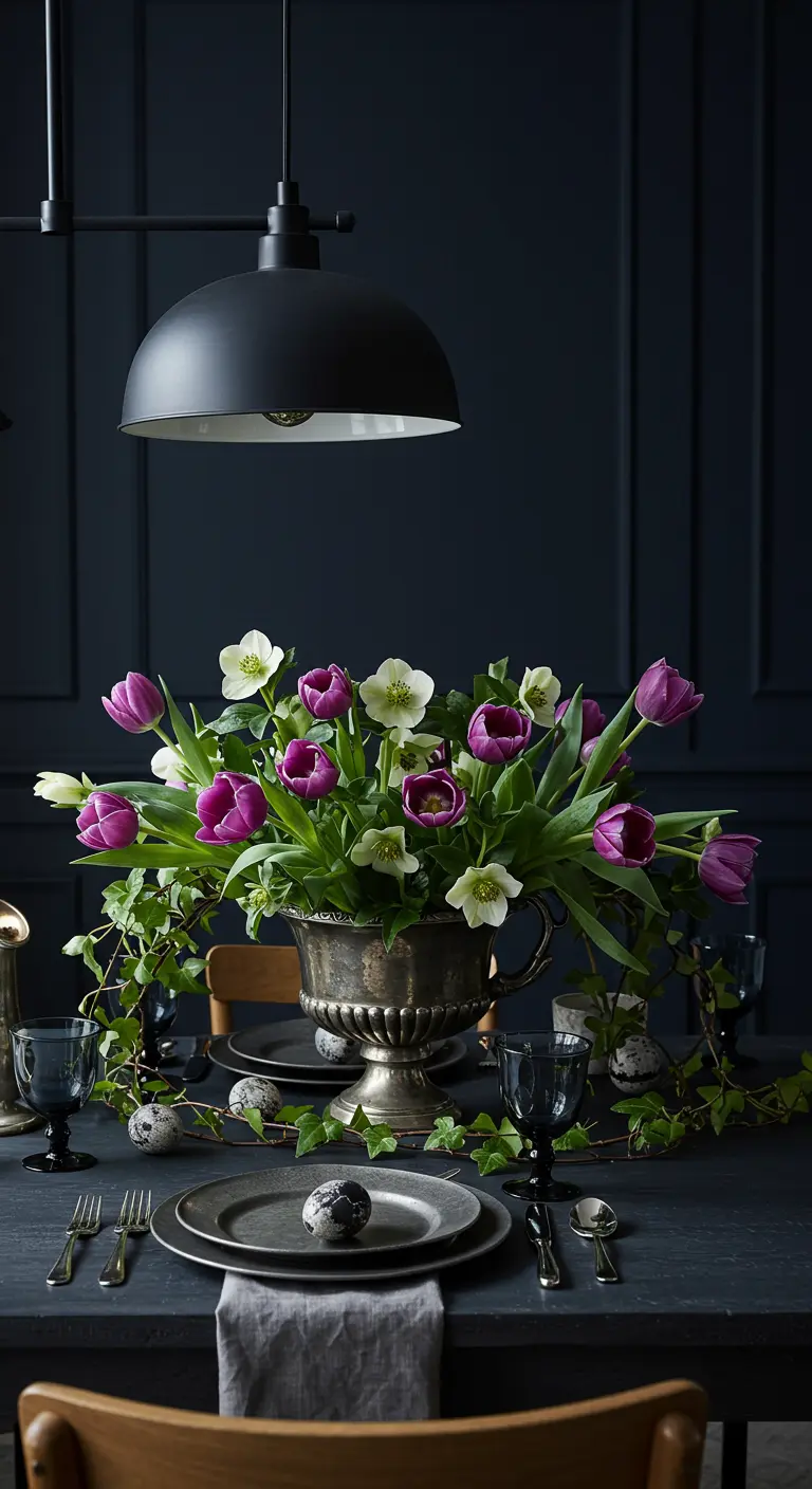 Bouquet de tulipes violettes dans une urne en argent sur une table de Pâques sombre et dramatique.