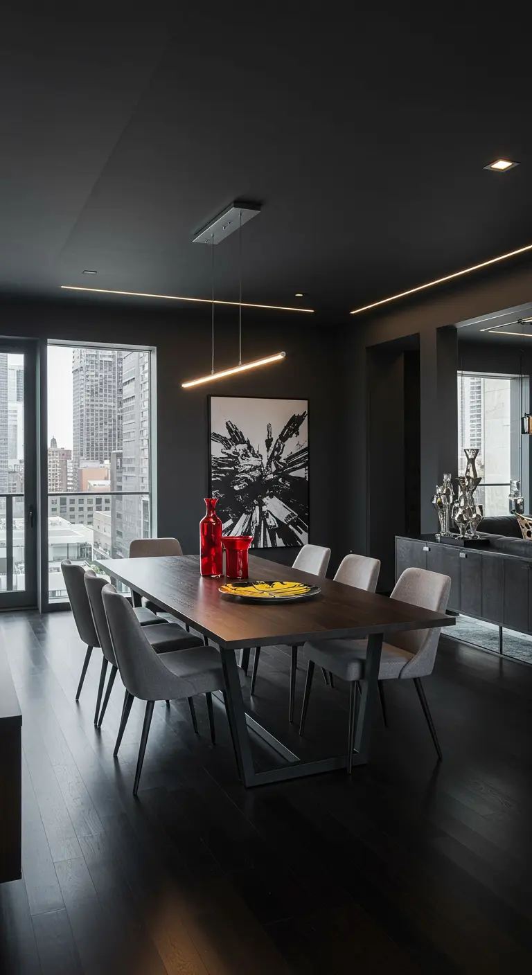 Salle à manger moderne sombre avec table en bois foncé, chaises grises et vases rouges vifs.
