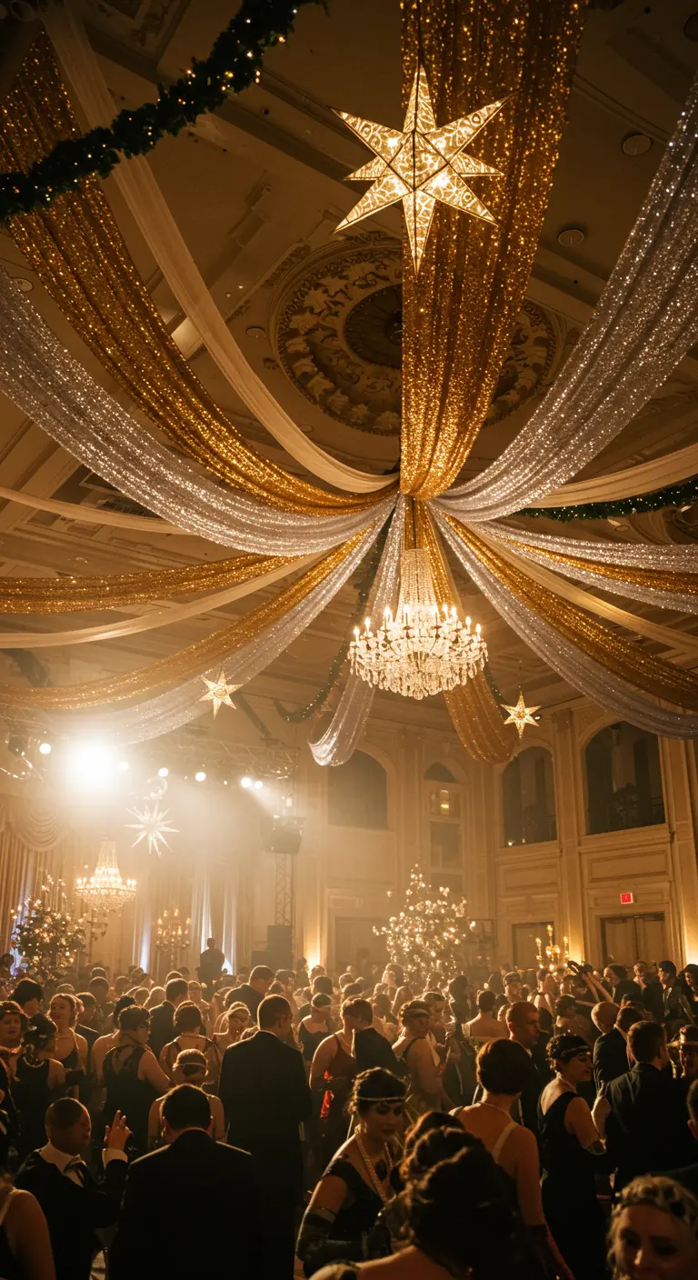 Drapés de tissu doré et argenté partant du centre d'un plafond de salle de bal.