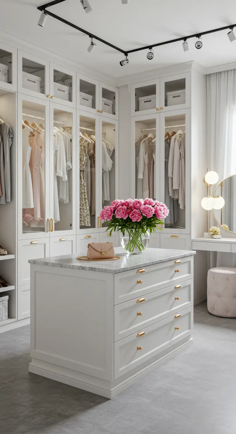 Grand dressing blanc avec îlot central en marbre et bouquet de pivoines roses.