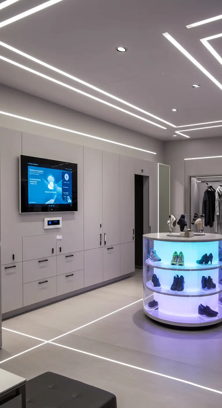 Dressing futuriste avec un éclairage linéaire au plafond et un présentoir à chaussures lumineux.
