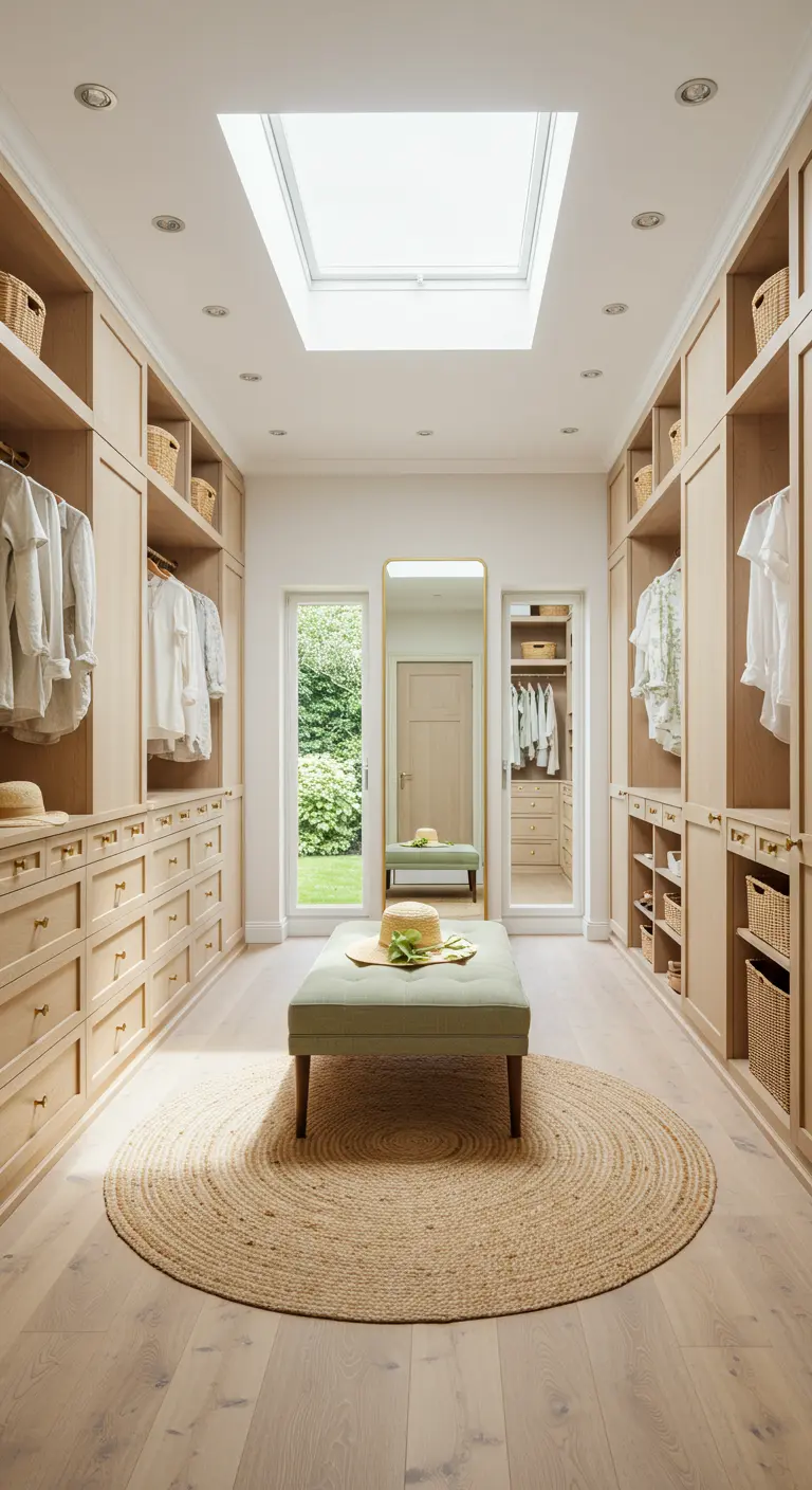 Dressing spacieux et lumineux avec des placards en bois clair et un pouf central.
