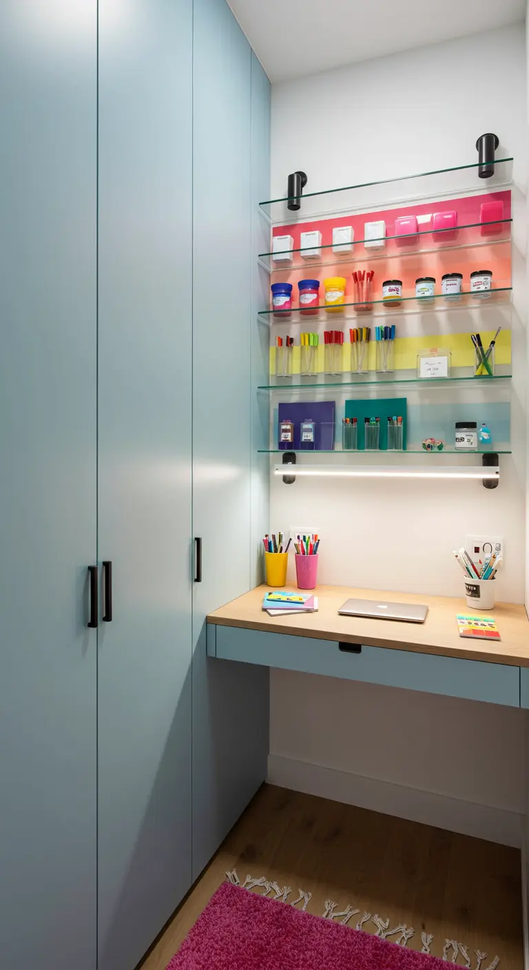Dressing bleu clair avec étagères en verre et panneaux arrière colorés pour un coin créatif et bureau.