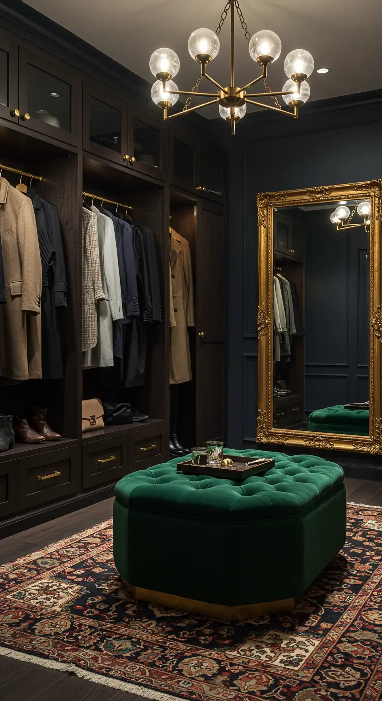 Dressing sombre et luxueux avec des placards en bois foncé, un grand miroir doré et un pouf vert émeraude.