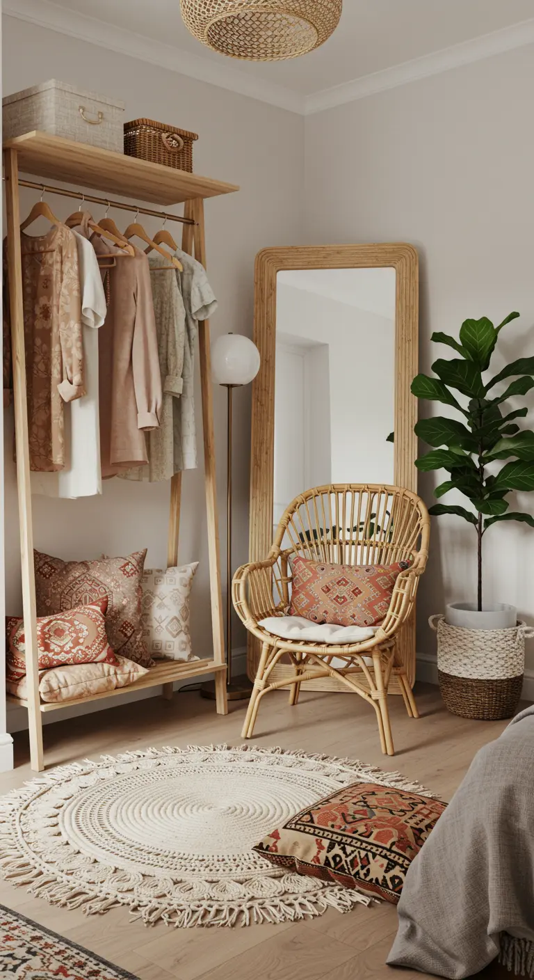 Chambre avec dressing ouvert en bois, fauteuil en rotin, tapis rond à franges et plantes.