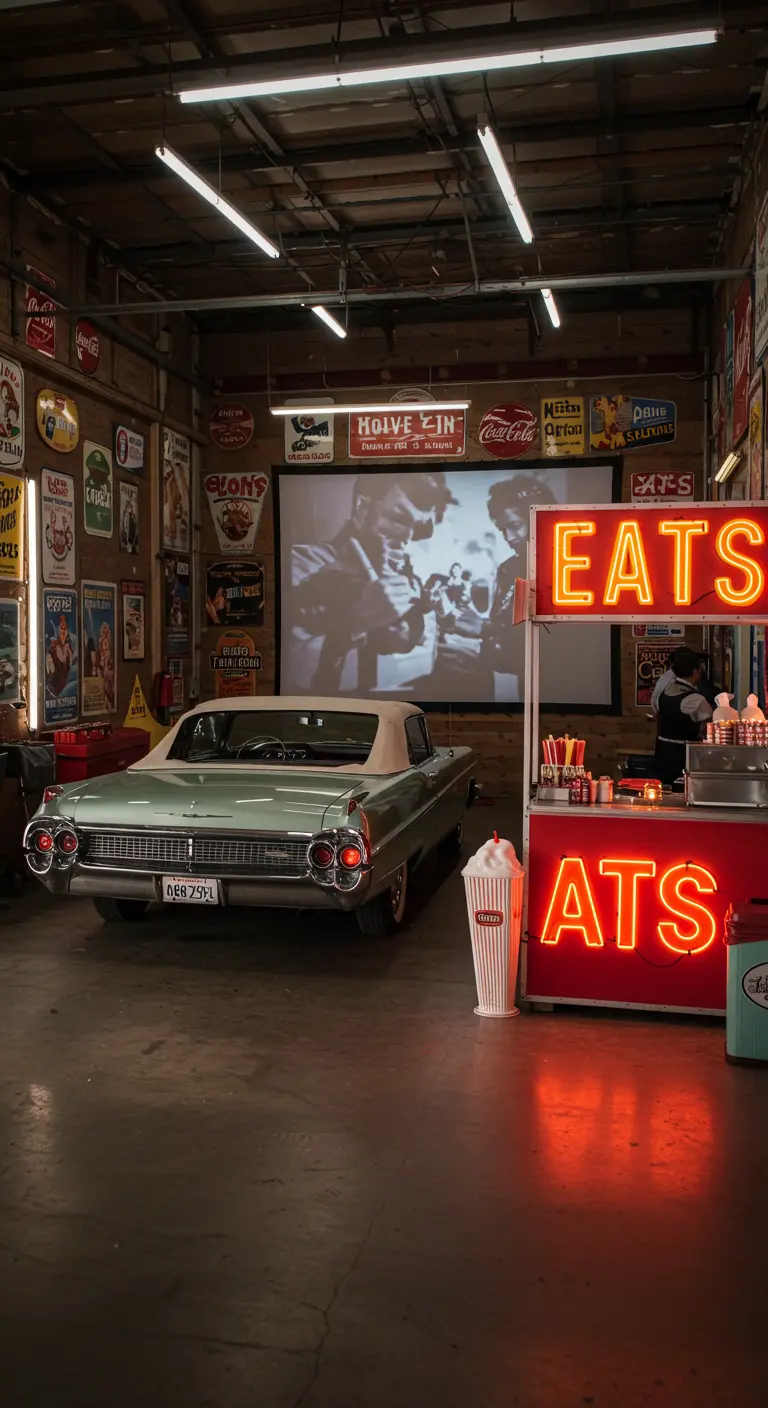 Garage transformé en drive-in avec une voiture vintage et des enseignes lumineuses au néon.