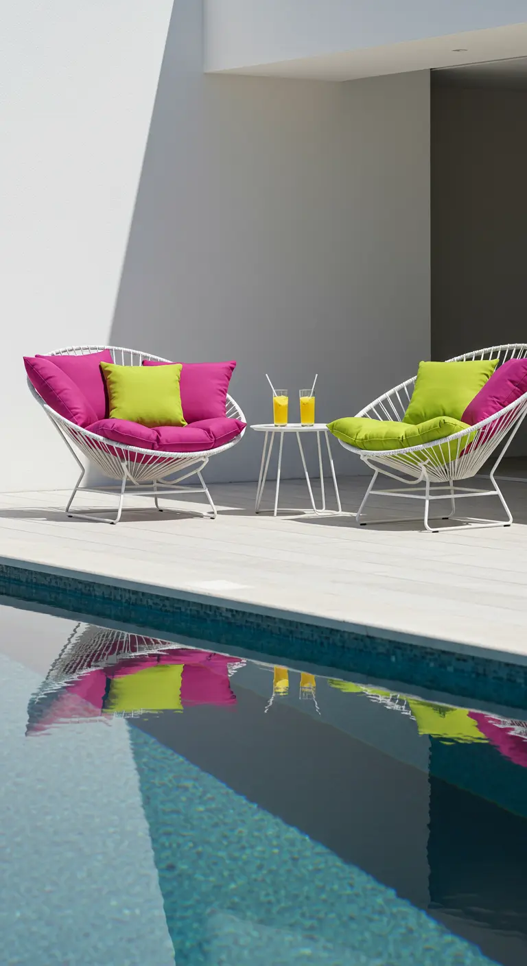 Deux fauteuils modernes avec coussins fuchsia et vert citron au bord d'une piscine.