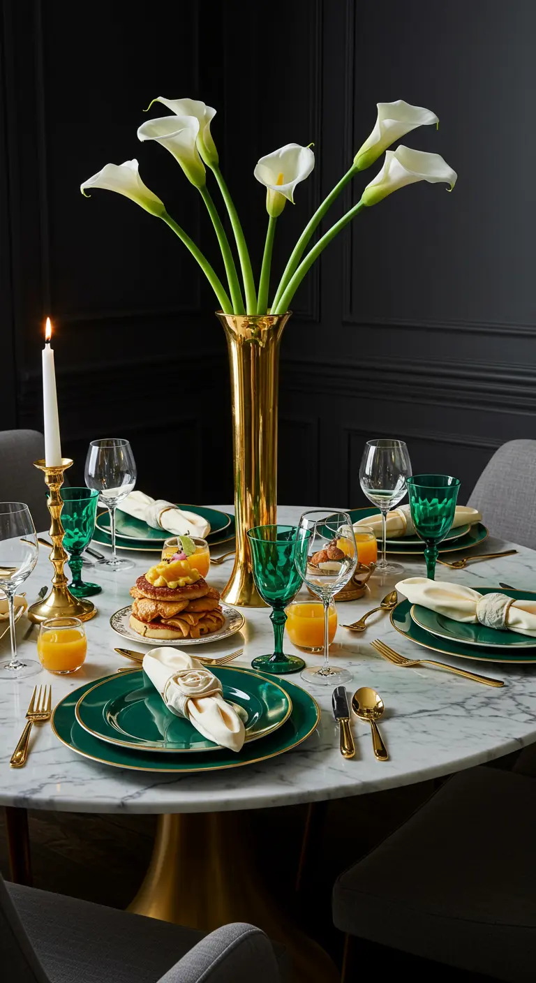 Table de brunch élégante avec vaisselle vert émeraude, couverts dorés et arums blancs.
