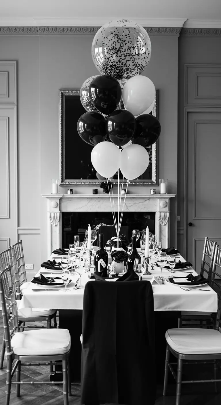 Bouquet de ballons noirs, blancs et à confettis pour une table de dîner monochrome.