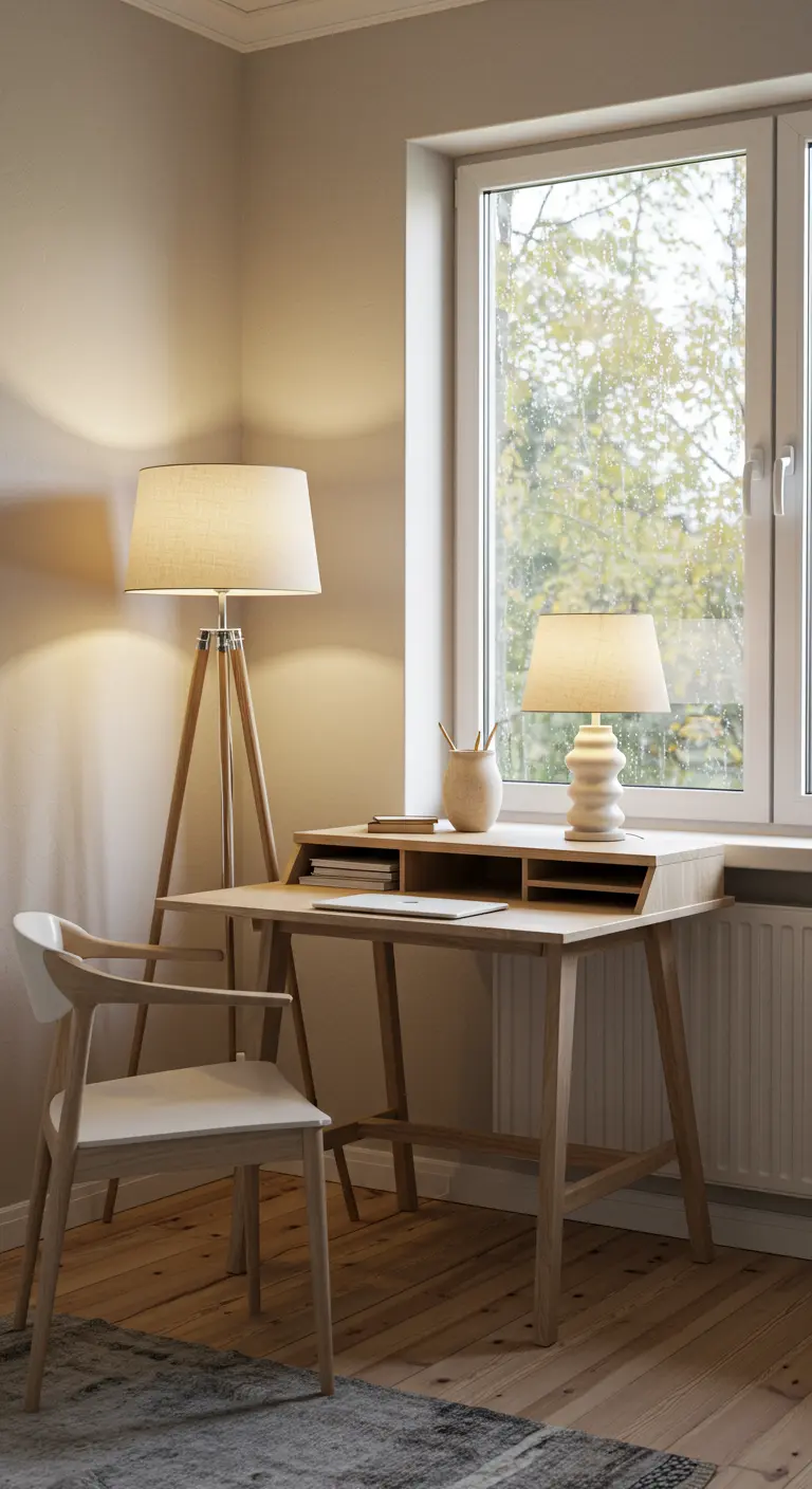 Bureau en bois clair près d'une fenêtre avec deux lampes au style scandinave.