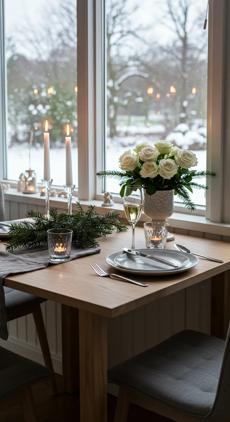 Petite table pour deux près d'une fenêtre, avec des roses blanches et des bougies.