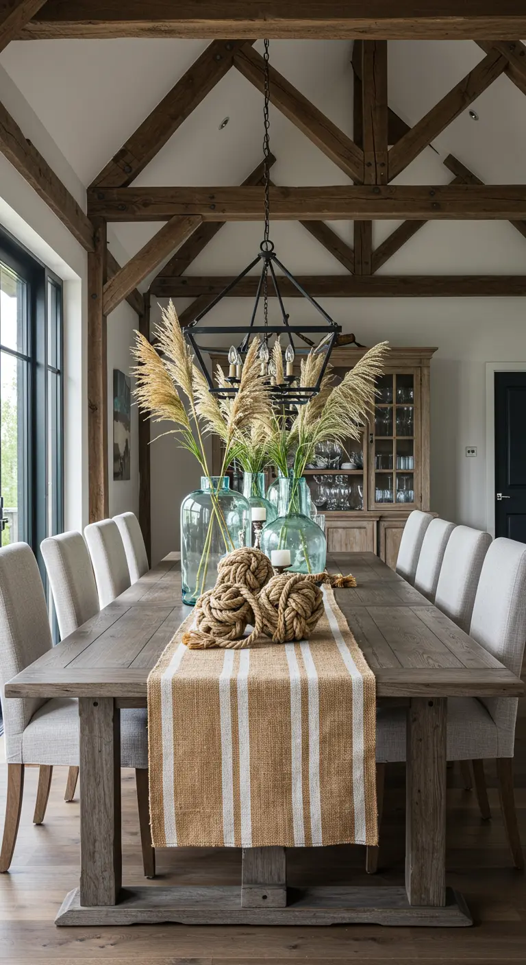 Grande table en bois avec des vases de pampa, des nœuds en corde et un chemin de table en jute.