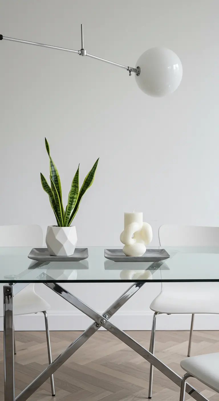 Centre de table contemporain avec deux plateaux, une bougie sculpturale et une plante Sansevieria.