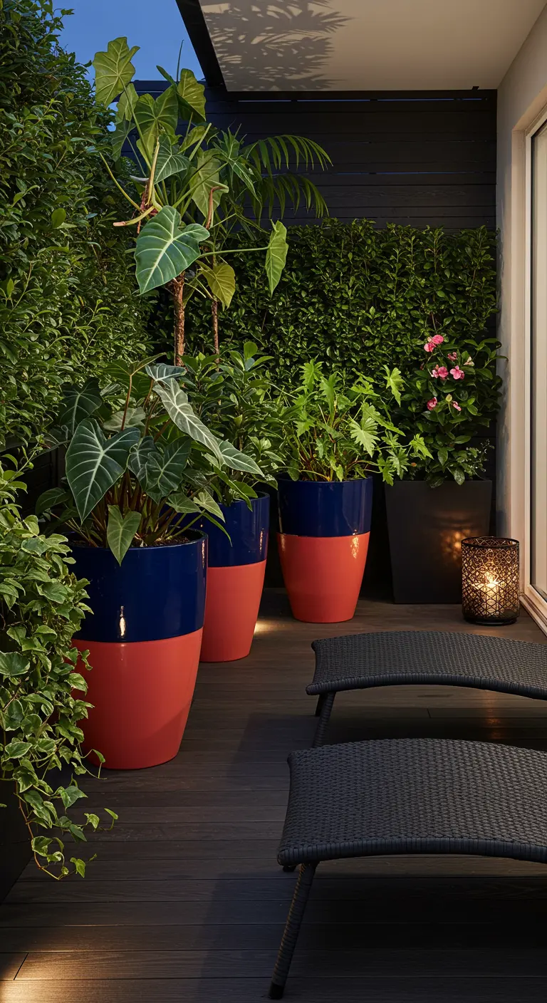 Balcon avec des pots bicolores bleu nuit et corail, garnis de grandes plantes tropicales, et des chaises longues noires.