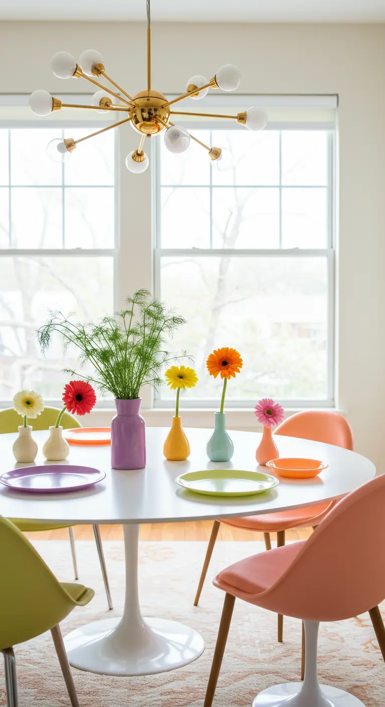 Table ronde blanche avec des gerberas colorés dans des vases pastel et des chaises modernes.