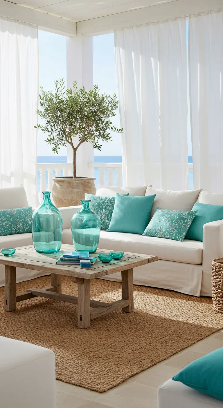 Terrasse couverte avec des canapés blancs, des coussins turquoise et vue sur la mer.