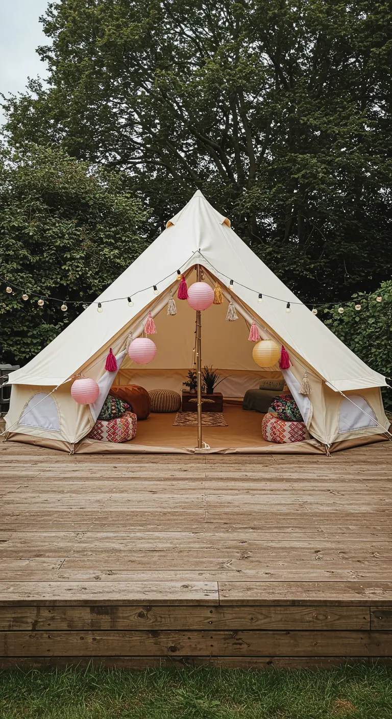 Tente de glamping ouverte, décorée de guirlandes et de lampions roses.