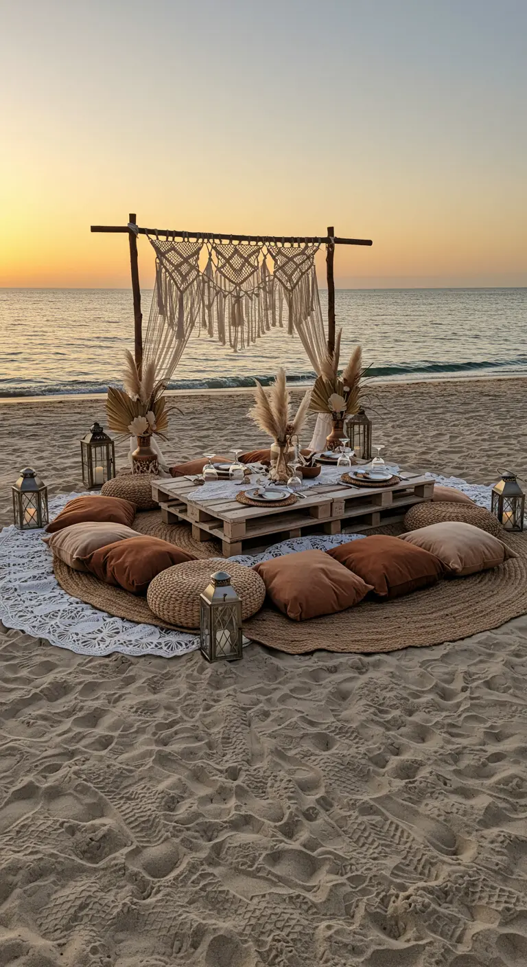 Dîner romantique bohème sur la plage au coucher du soleil.