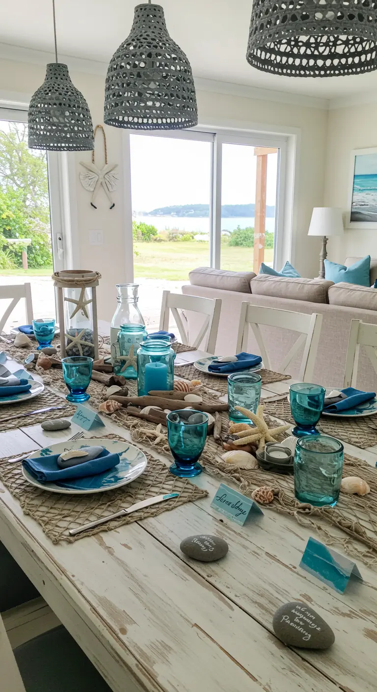 Table marine avec bois flotté, coquillages, étoiles de mer, lanternes bleues et vaisselle blanche