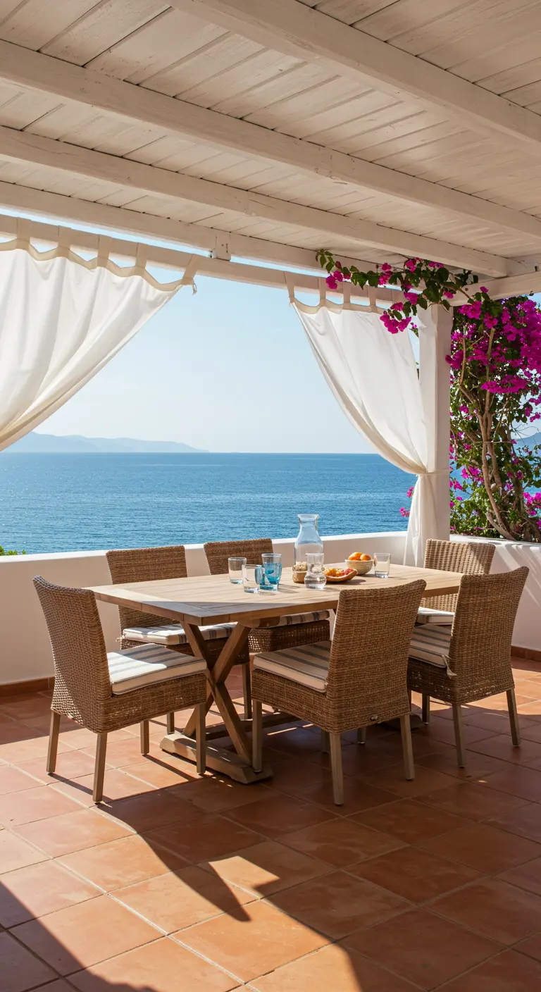 Terrasse avec pergola blanche, rideaux et vue sur la mer Méditerranée