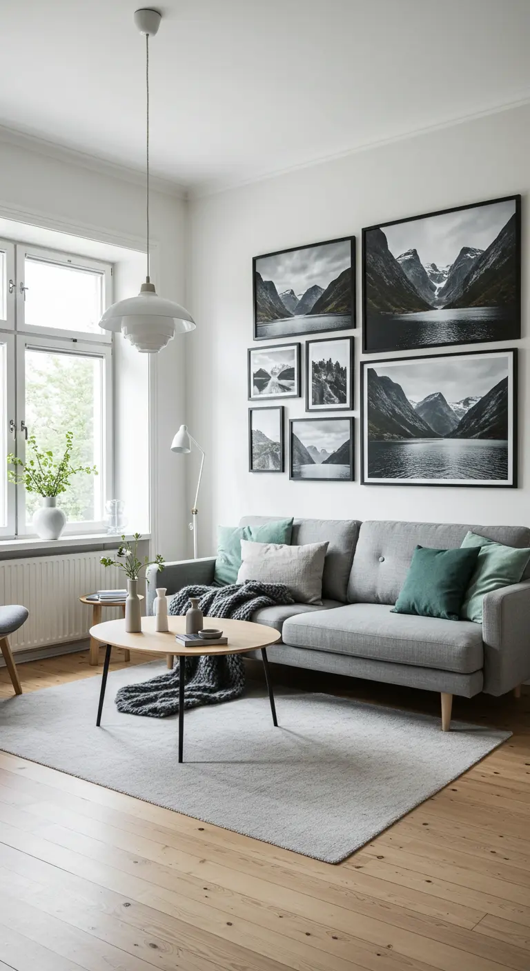 Salon scandinave avec un mur de cadres noir et blanc de montagnes, canapé gris clair et mobilier en bois.