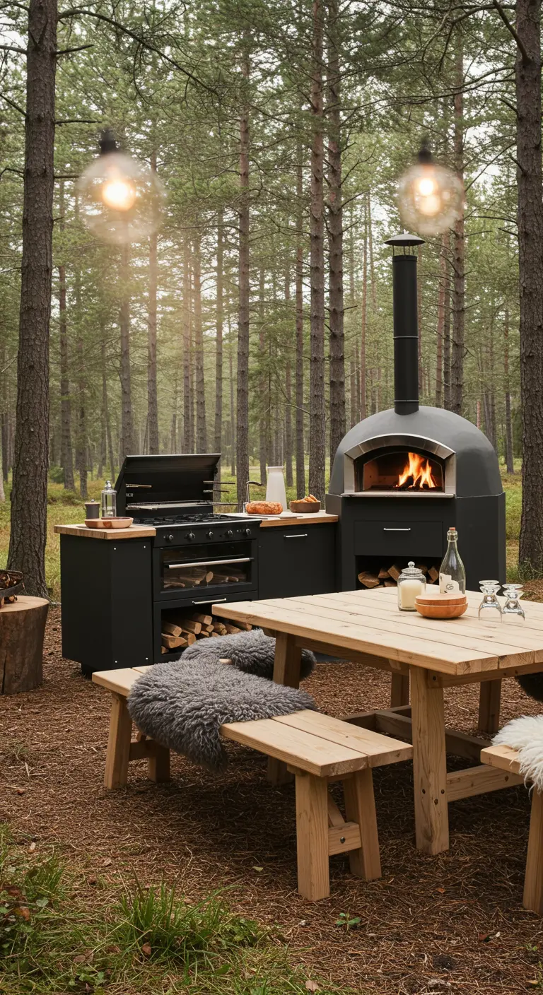 Cuisine d'été noire avec four à pizza dans une forêt de pins.
