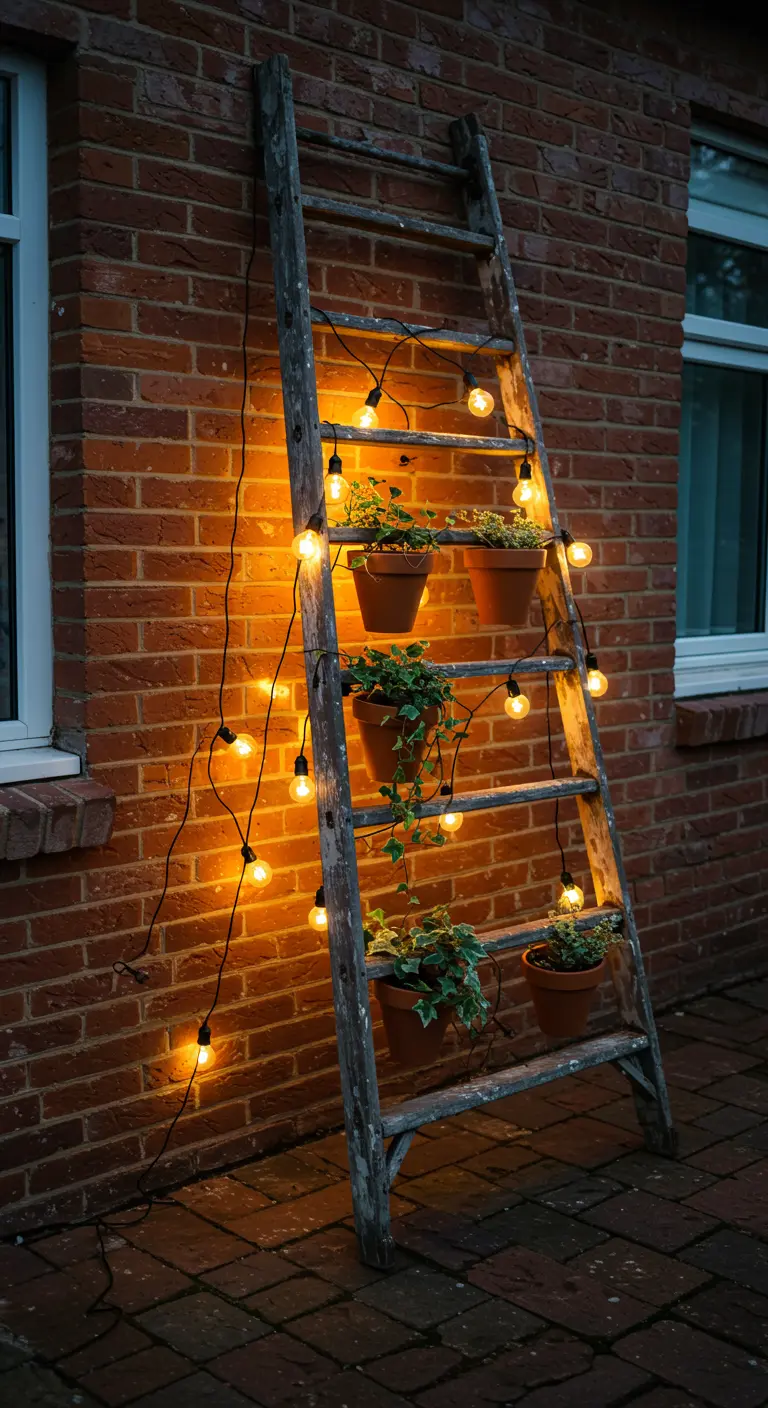 Vieille échelle en bois décorée de pots de fleurs et d'une guirlande lumineuse.