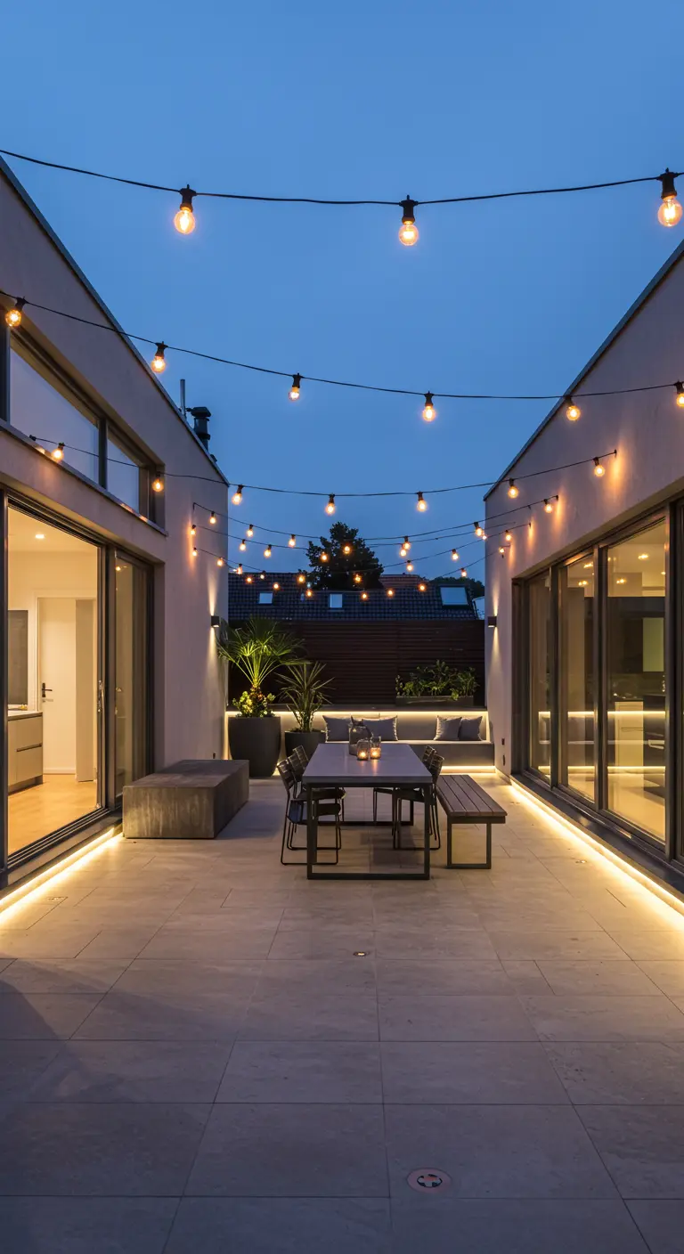 Terrasse moderne avec éclairage LED intégré le long des murs et des guirlandes lumineuses suspendues.