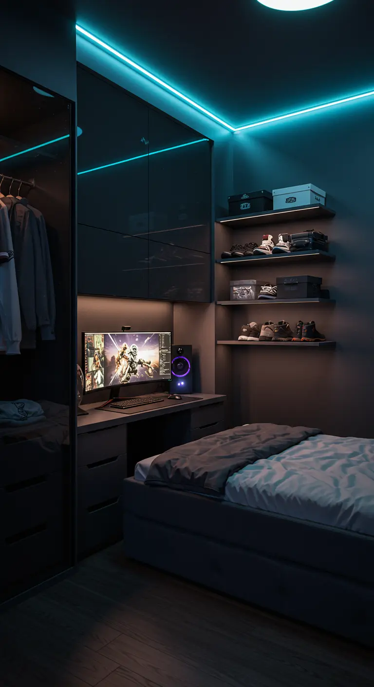 Coin gaming sombre éclairé par des bandes LED bleues, avec bureau et armoire intégrés.