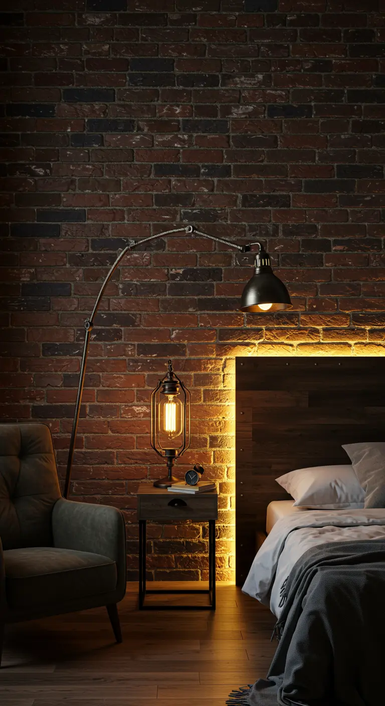 Chambre de style industriel avec mur de briques, lit en bois sombre, lampe articulée et bande LED de tête de lit.