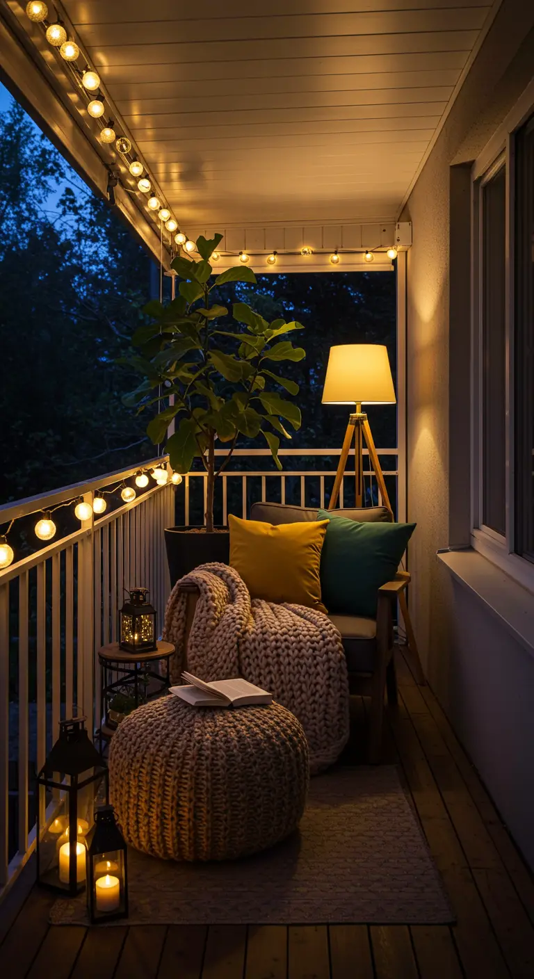 Balcon cosy avec fauteuil, pouf en maille, lampadaire, lanternes, guirlande lumineuse et plante en pot.