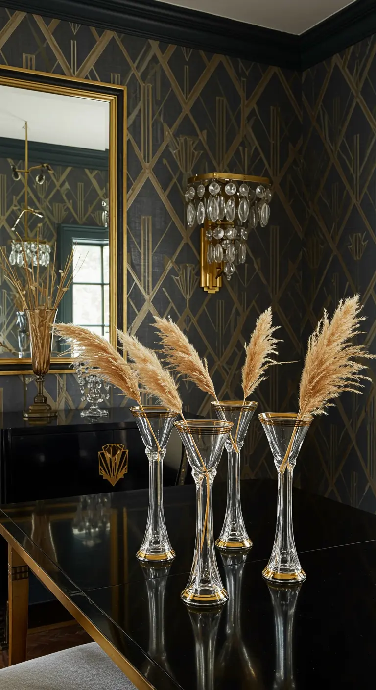 Plumes d'herbe de la pampa dans des verres à cocktail dorés dans un décor Art Déco.