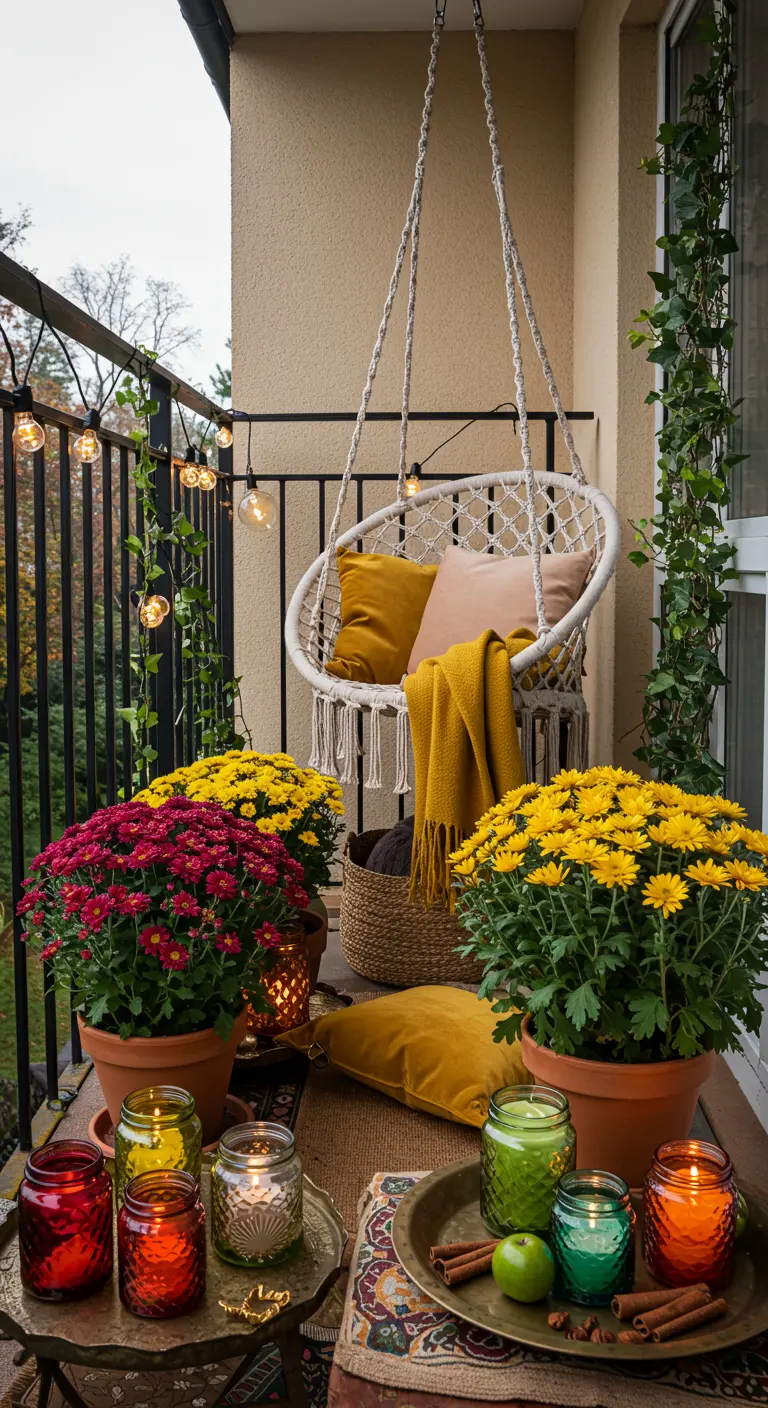 Balcon bohème avec fauteuil suspendu, chrysanthèmes et photophores colorés.
