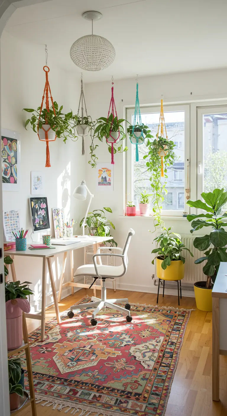 Bureau blanc et bois avec des suspensions en macramé colorées.