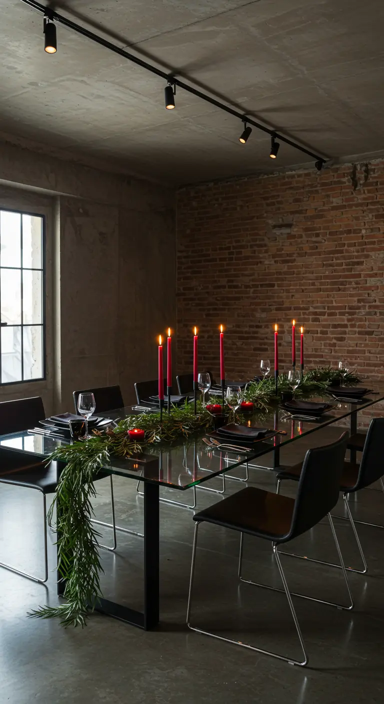 Table de dîner industrielle avec plateau en verre, guirlande de verdure et bougies rouges vives.