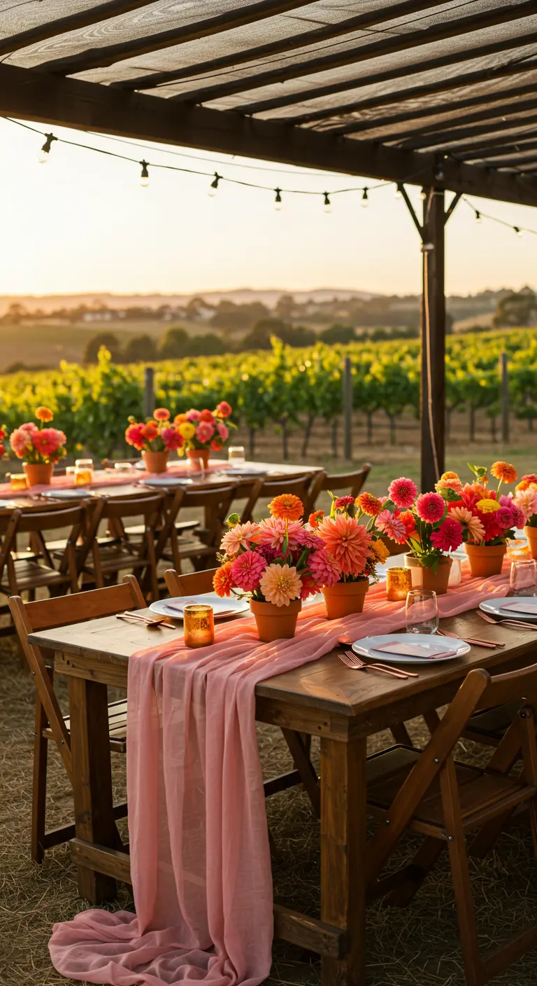 Tables de mariage dans un vignoble, dahlias corail dans des pots en terre cuite.