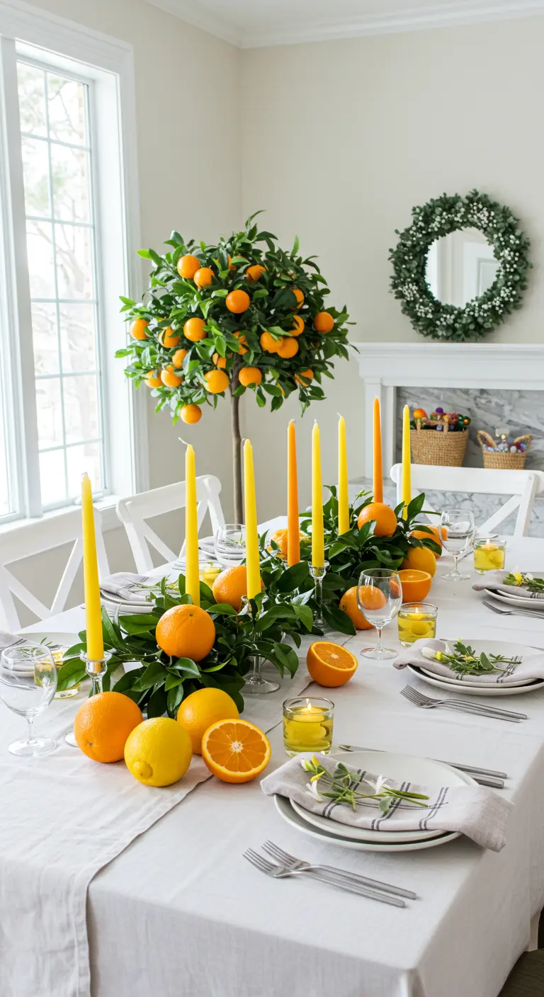 Table lumineuse avec chemin de table blanc, agrumes frais et bougies jaunes.