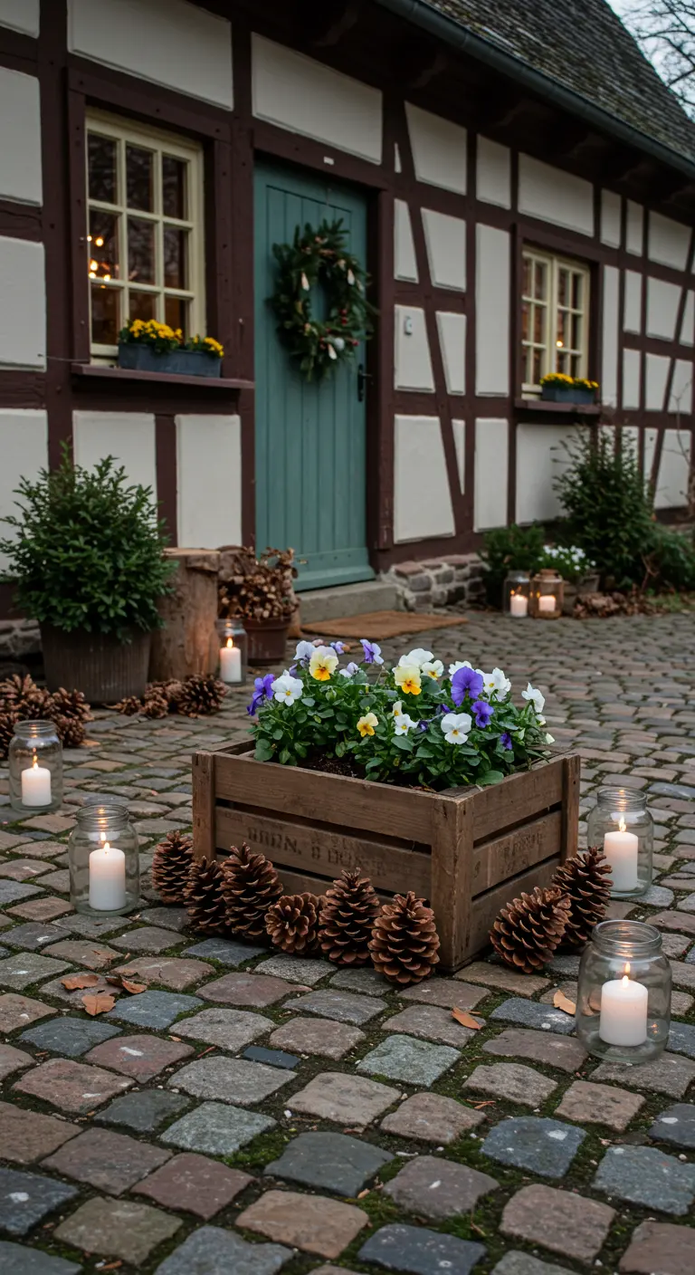 Caisse en bois utilisée comme jardinière pour des pensées colorées, entourée de bougies.