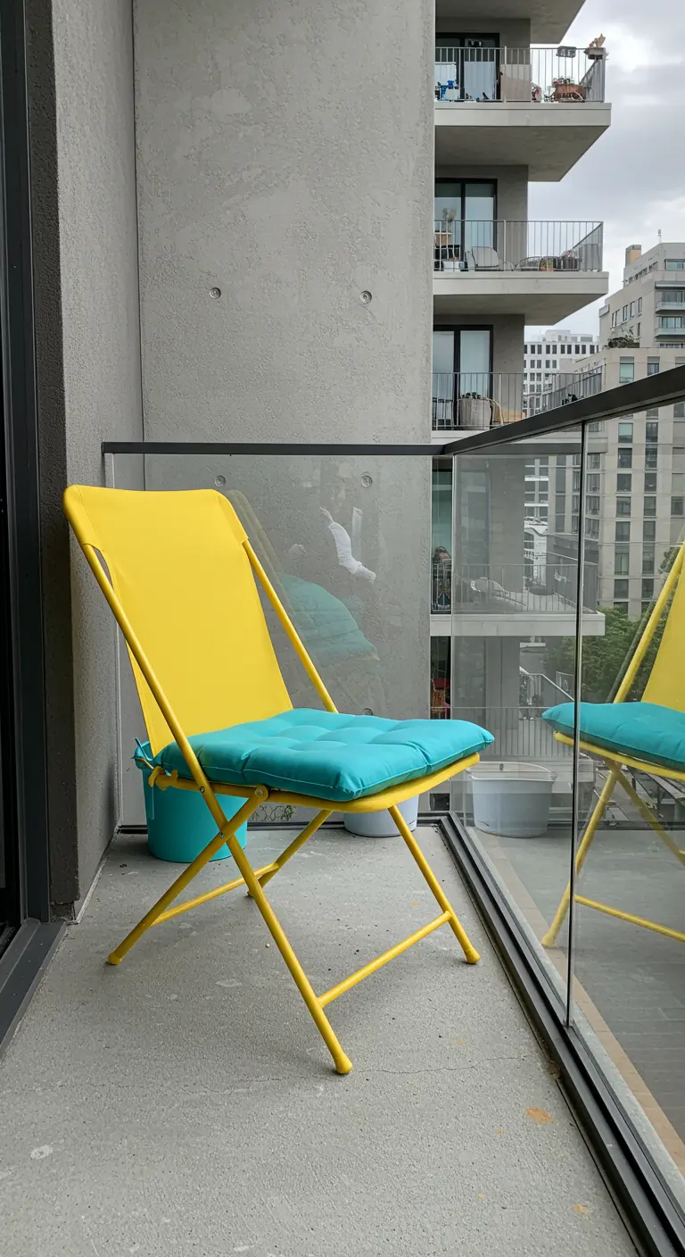 Chaise pliante jaune vif avec un coussin turquoise sur un balcon en béton.