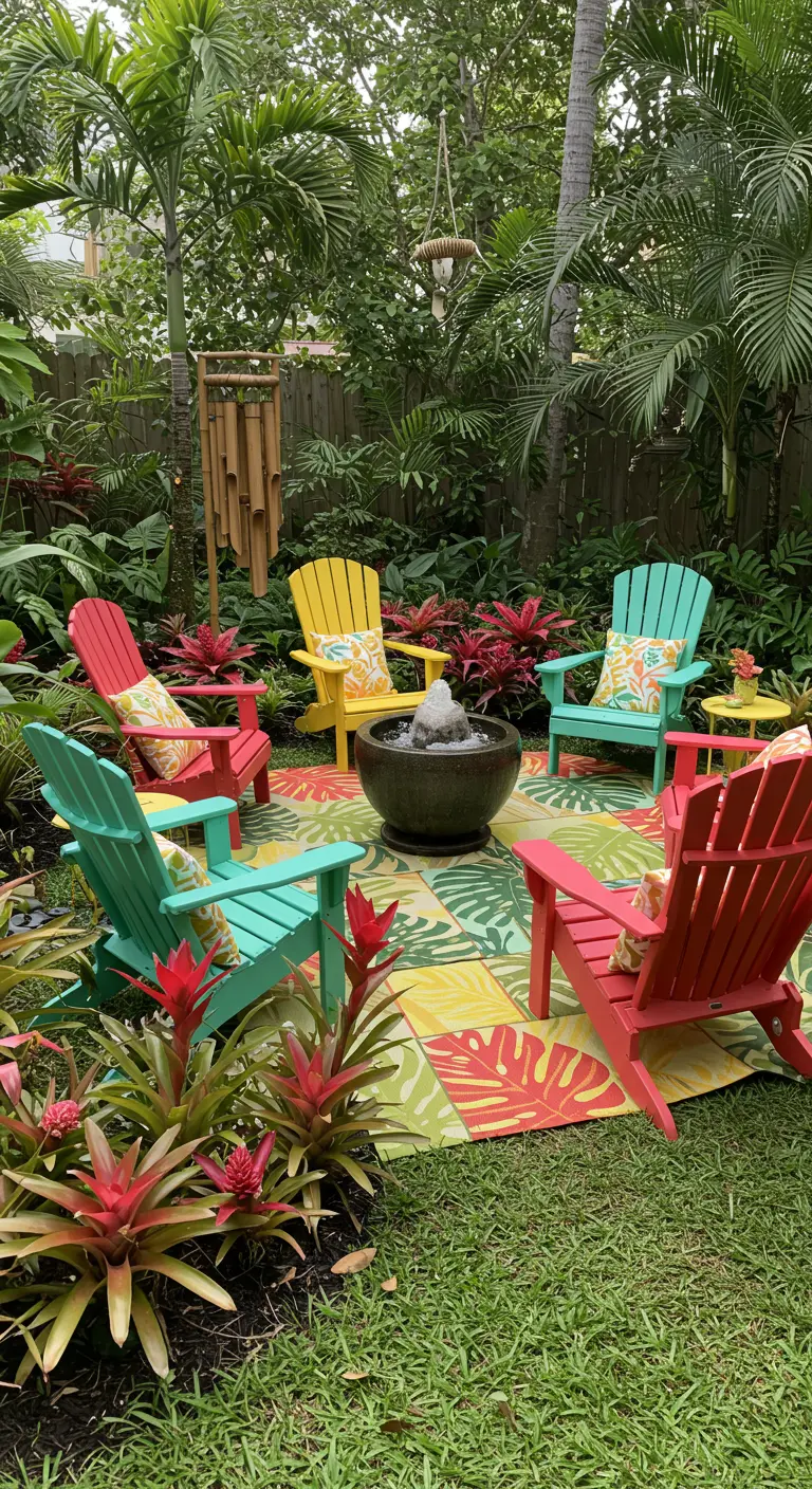 Chaises Adirondack colorées autour d'une fontaine, sur un tapis extérieur à motifs tropicaux.