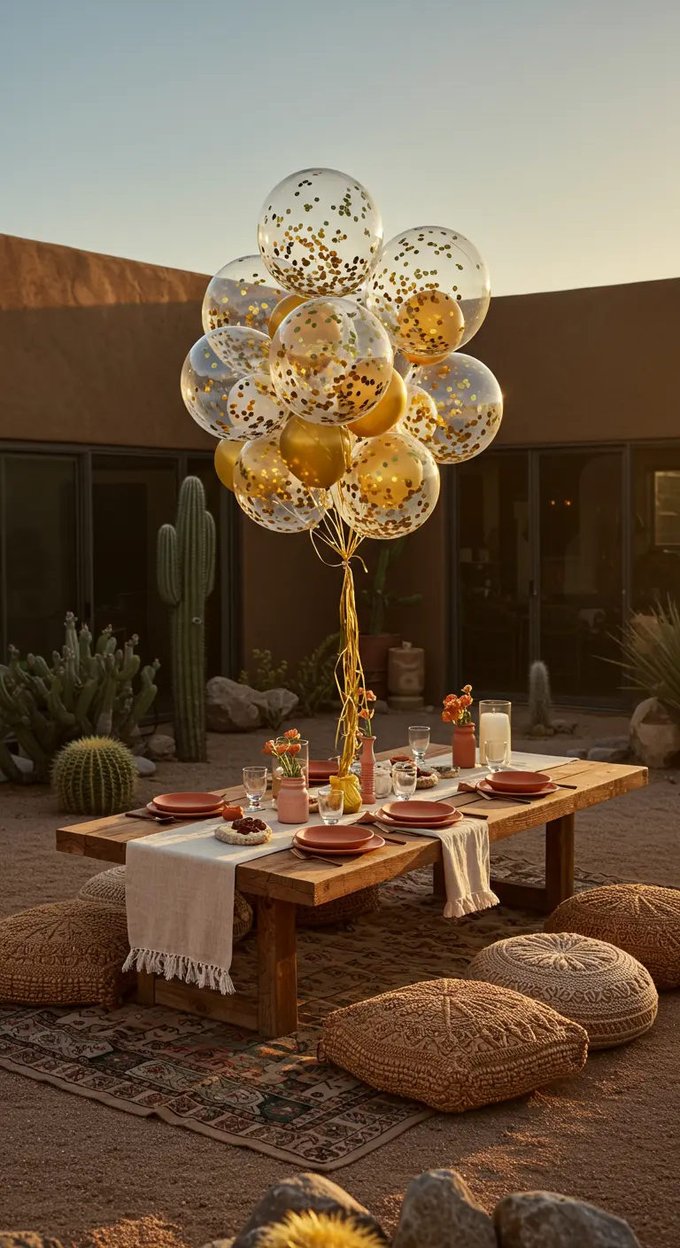 Bouquet de ballons transparents à confettis dorés au-dessus d'une table en bois dans le désert.