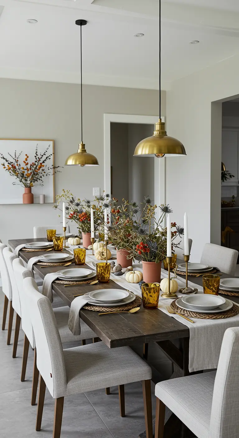 Longue table en bois sombre décorée de chardons séchés, bougeoirs dorés et petites citrouilles blanches.