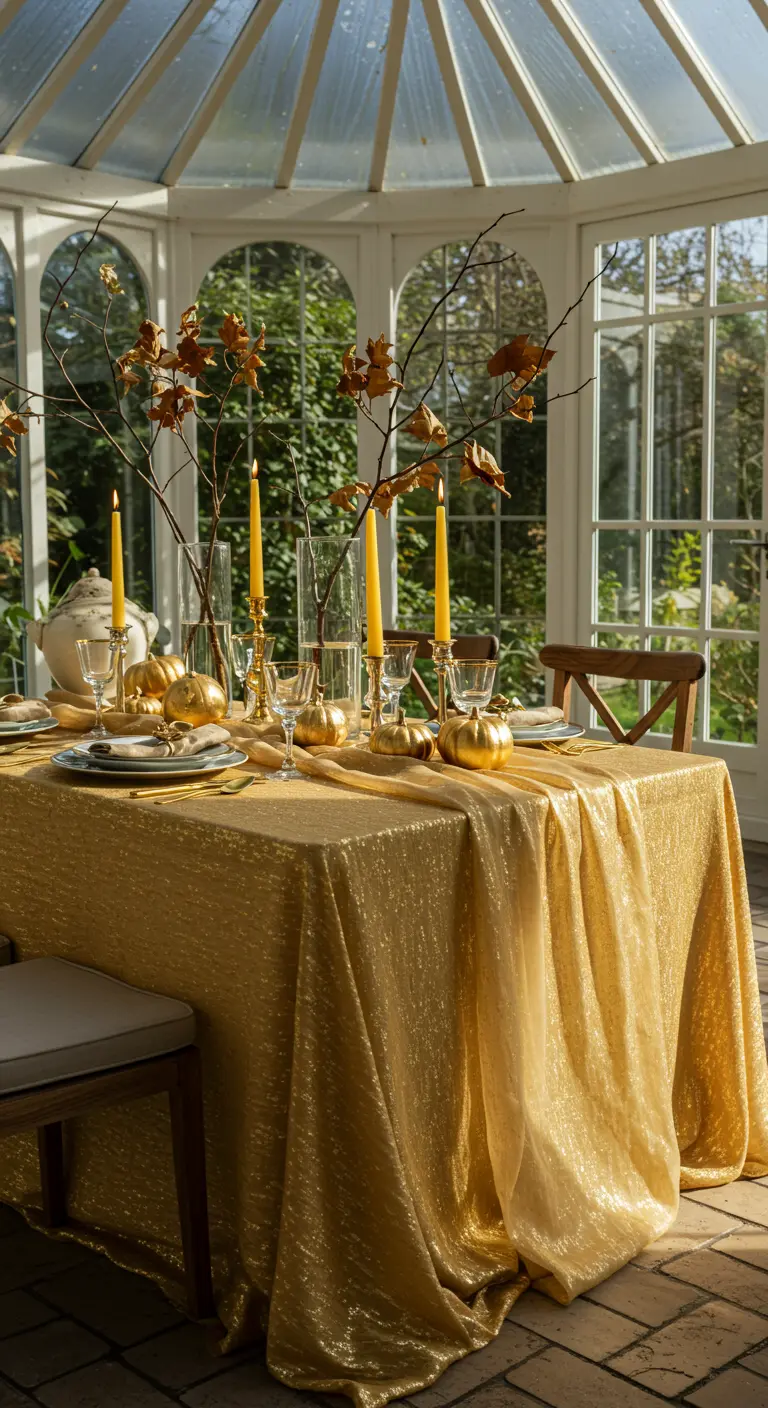 Une table ensoleillée couverte d'une nappe dorée, décorée de citrouilles dorées, de bougies jaunes et de branches séchées.