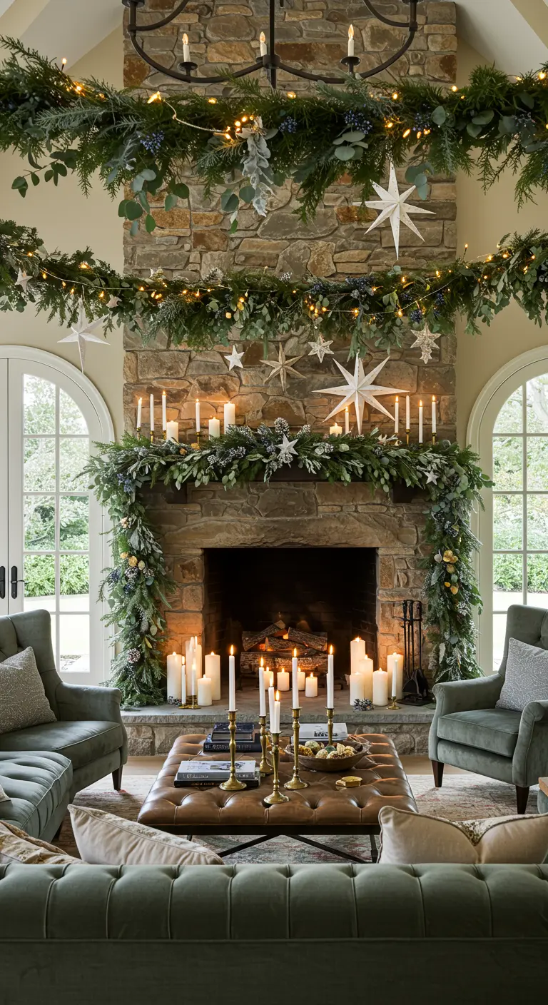 Guirlandes de Noël avec sapin, étoiles et lumières autour d'une cheminée en pierre et au plafond.