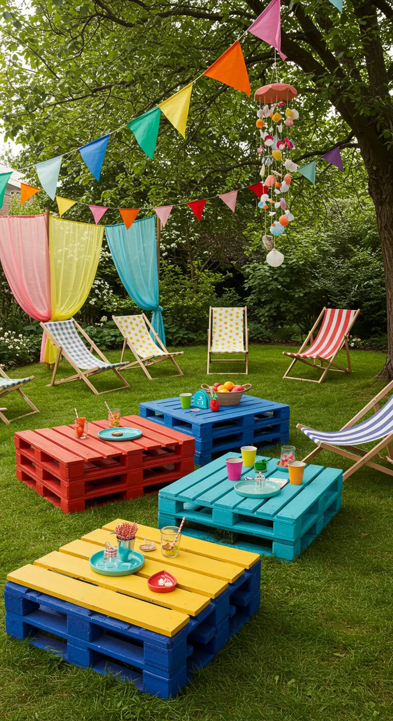 Jardin de fête avec rideaux colorés, tables basses en palettes peintes et transats.